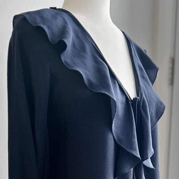 NWT Shan Ink-Blue Silk Semi-Sheer Ruffle-Blouse w/ Cascading Front & Tie – US 6 - Picture 2 of 14